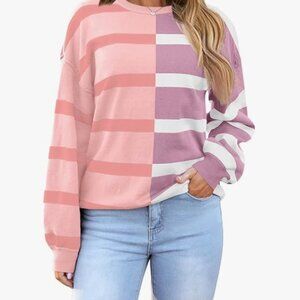 Women Purple Pink Striped Oversized M 44" Sweater Crew Neck L/S Raw Sleeve Seam
